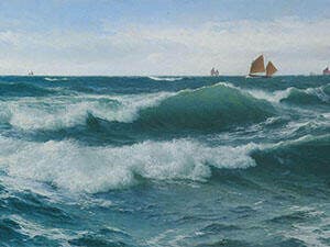 Waves Breaking in Shallow Waters with Boats off to The Fishing Grounds Beyond