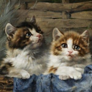 Two Kittens in a Basket with Blue Cloth