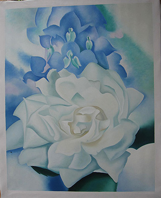 White Rose with Larkspur 1927 - <a href='https://www.reproduction-gallery.com/oil-painting/1047030158/white-rose-with-larkspur-1927-by-georgia-o-keeffe/'>More Detail</a>